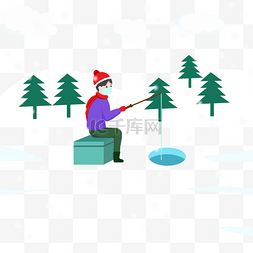 男子戴着口罩在冰上钓鱼插画