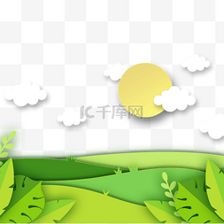 绿色和植物图片_剪纸云朵和草地卡通图案