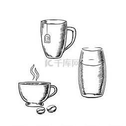 玻璃风格图标图片_一杯加咖啡豆的咖啡，一杯加茶包