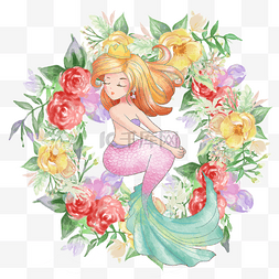 玫瑰花环手绘图片_卡通优雅美人鱼玫瑰花环