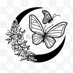 两只蝴蝶花卉和月亮剪影画