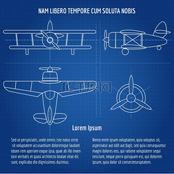 平面矢量蓝图飞机蓝图图像用深蓝