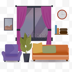 简约现代室内图图片_客厅沙发窗户时钟扁平风格插画