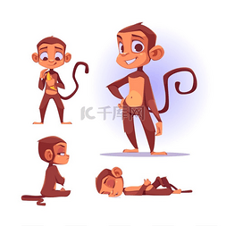 不同姿势的可爱猴子角色。