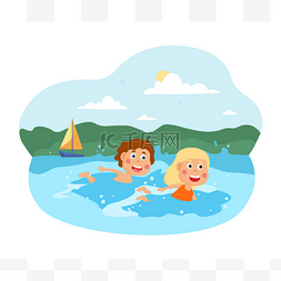 两个快乐的小孩在海里游泳