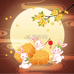 玉兔享受美味的月饼和秋天色泽的