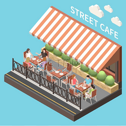 彩色和等距的街边咖啡厅露台组合
