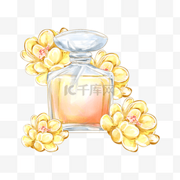 金色化妆品背景图图片_香水瓶和鲜花水彩风格