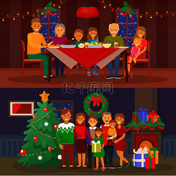 圣诞节活动图片_圣诞家庭的人们通过餐桌集合向量