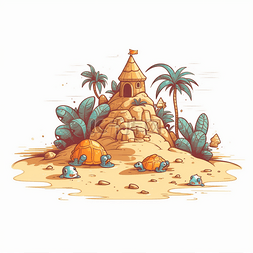 卡通沙堆图片_夏日手绘沙滩堆城堡