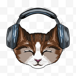 闭眼戴耳机享受音乐的猫咪肖像