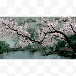 桃树下的湖泊水墨