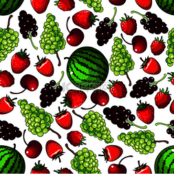 红覆盆子图片_多汁的甜绿葡萄和条纹西瓜、红草