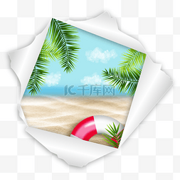 大海沙滩风景图片_撕开纸张夏季大海沙滩风景