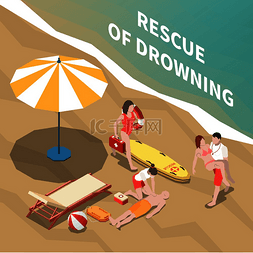 并置式构图海报图片_救生员在海滩上拯救溺水者并提供