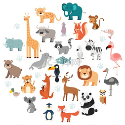 可爱动物剪纸图片_野生动物卡通集的矢量图解