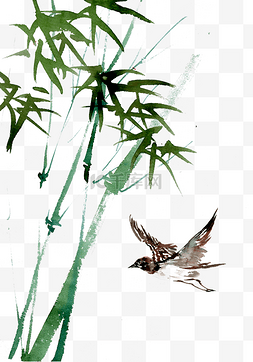 竹子水墨画图片_竹子下的飞鸟