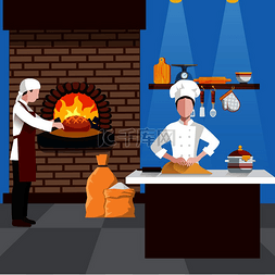 烤箱矢量图图片_烹饪人员在厨房里与厨师一起制作
