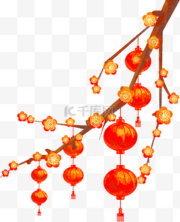 梅花图片_春节元宵节梅花树枝挂灯笼