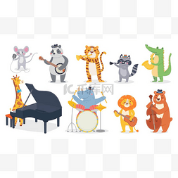 用乐器的卡通动物。长颈鹿弹钢琴