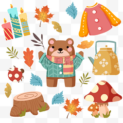 秋天秋季小熊落叶树桩可爱