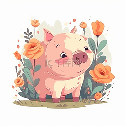 一只闻花朵的小猪