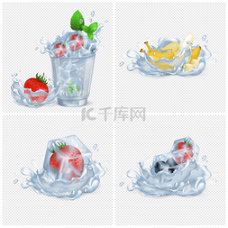 冰块中的饮料图片_冰块中的草莓和蓝莓，水溅中的去