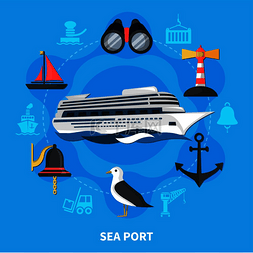 矢量船锚装饰图片_海港概念与船舶海鸥和锚平面矢量
