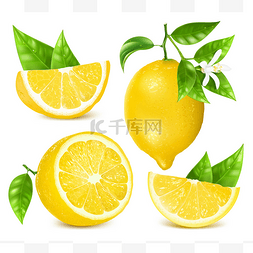 水果图片_新鲜的柠檬，用树叶和花朵.