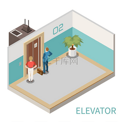 电梯图片_等距组合与两个人在大厅 3d 矢量