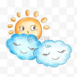 卡通云雨太阳图片_太阳和云朵睡着了可爱水彩卡通图