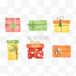 彩丝带标签图片_圣诞礼物盒合集水彩风格卡通彩色