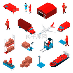 货物叉车图片_物流和交付等轴测图标设置与仓库