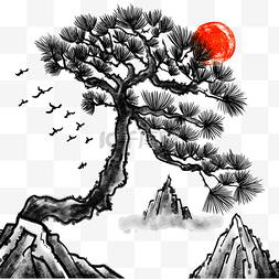 日本传统笔刷图片_松树山峰太阳水墨风格