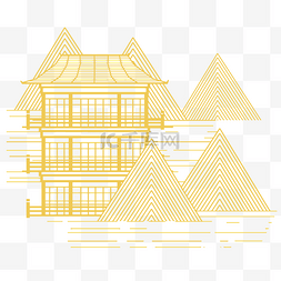中式金色线条山水建筑描金