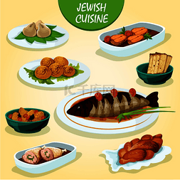 犹太美食图标，包括 matzah、酿派