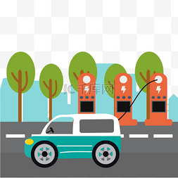 汽车无轮图片_电动汽车概念插画停在路旁充电的