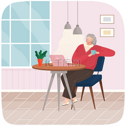 成年女性坐在家里或餐厅的椅子上