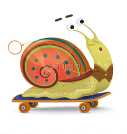 快蜗牛可爱的卡通蜗牛在滑板上孤