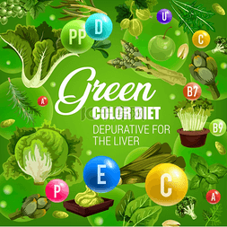 颜色饮食健康营养、绿色蔬菜和水