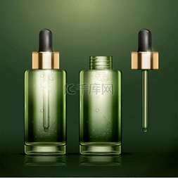 3D插图中绿色背景下的绿油香精瓶