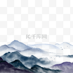 蓝色水墨山图片_寂静远山飞鸟圣诞水墨风景