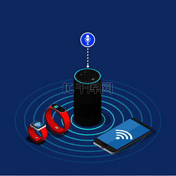 手机扬声器图片_蓝色背景上的物联网等距组合，带
