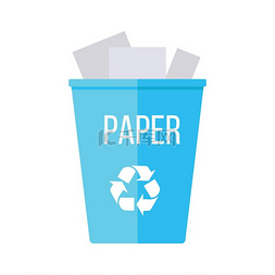 浪费图片_有纸的蓝色回收垃圾桶。