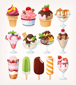 一组矢量漫画冰淇淋图标，有不同