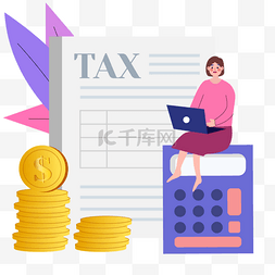 插画风格平面图片_金融纳税概念插画金币和计算器
