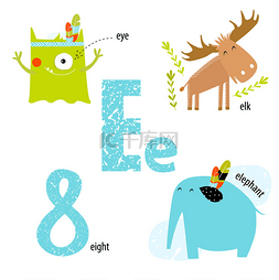 创意字母e图片_矢量插图教学儿童英语字母表与卡