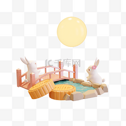 3d月饼图片图片_3D立体中秋中秋节两只兔子赏月微