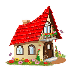 草花图片_童话房子带阳台与花