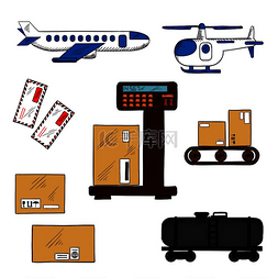运输包装图标图片_航空和铁路货运服务图标，包括飞
